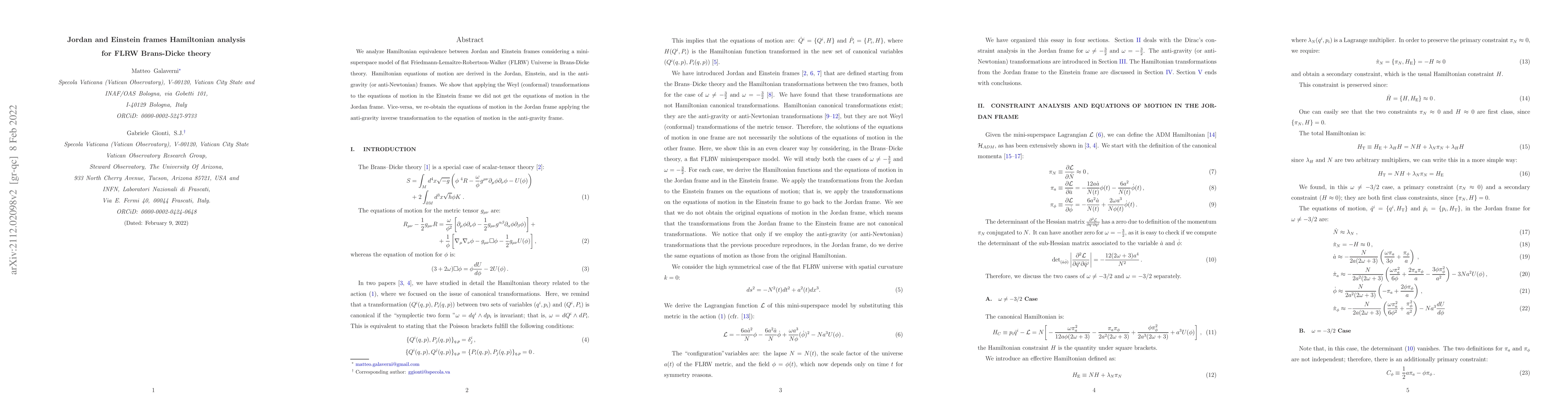 Thumbnail for Jordan and Einstein frames Hamiltonian analysis for FLRW Brans-Dicke
  theory
