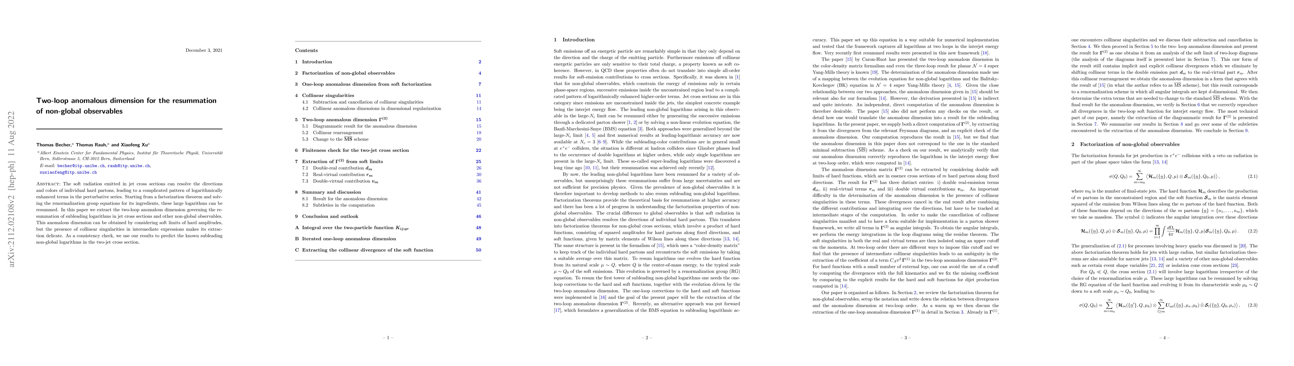 Thumbnail for Two-loop anomalous dimension for the resummation of non-global
  observables