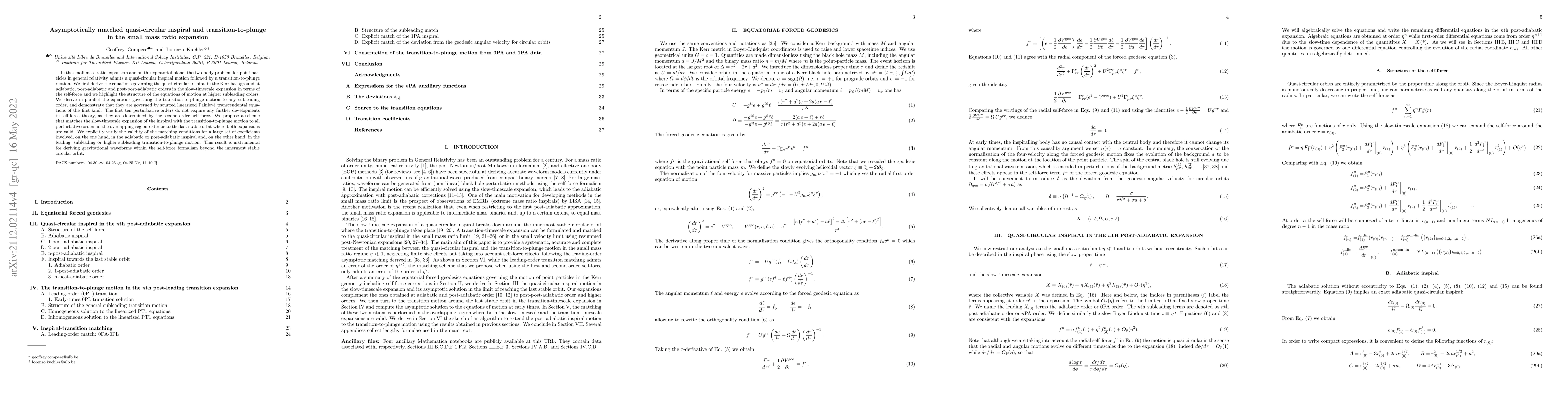 Thumbnail for Asymptotically matched quasi-circular inspiral and transition-to-plunge
  in the small mass ratio expansion