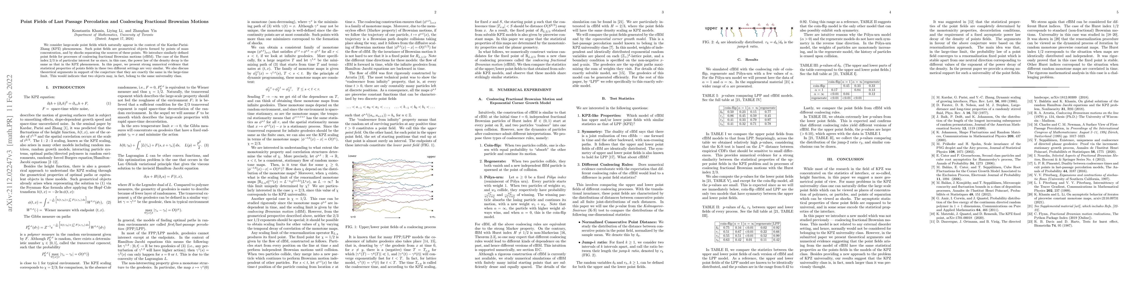 Thumbnail for Point Fields of Last Passage Percolation and Coalescing Fractional
  Brownian Motions