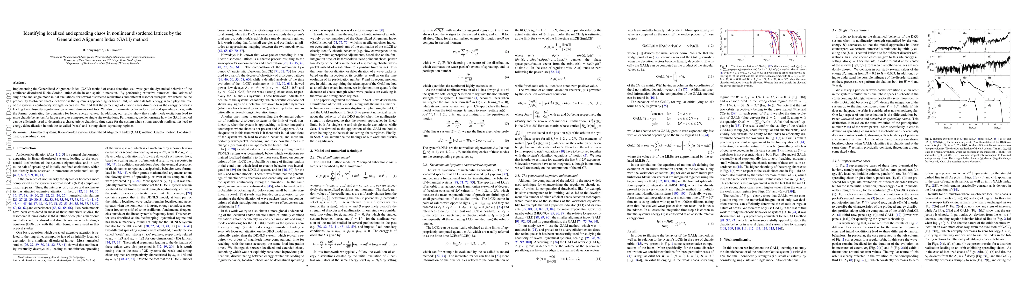 Thumbnail for Identifying localized and spreading chaos in nonlinear disordered
  lattices by the Generalized Alignment Index (GALI) method