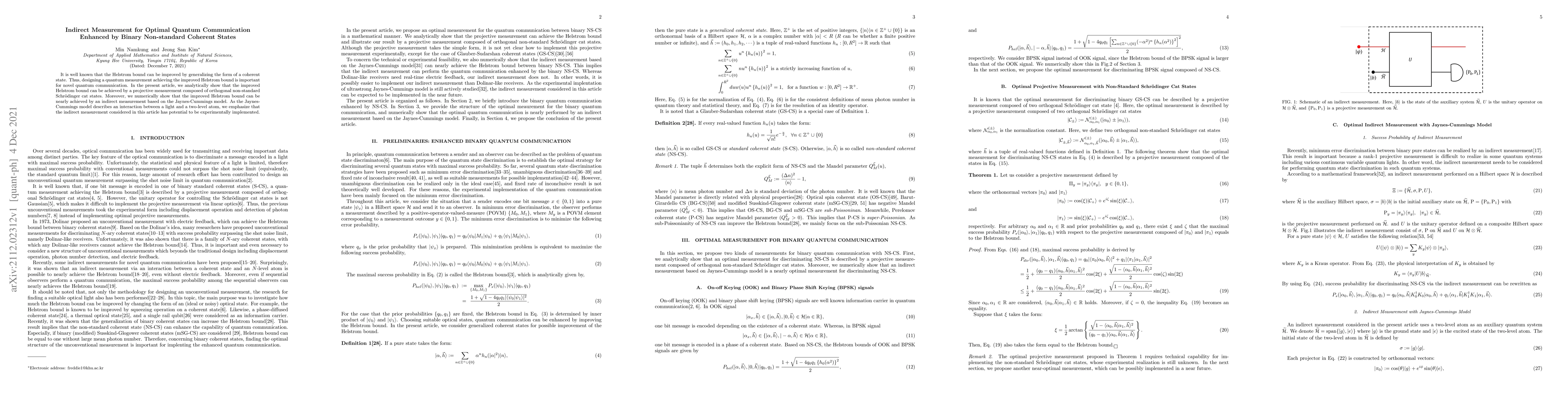 Thumbnail for Indirect Measurement for Optimal Quantum Communication Enhanced by
  Binary Non-standard Coherent States