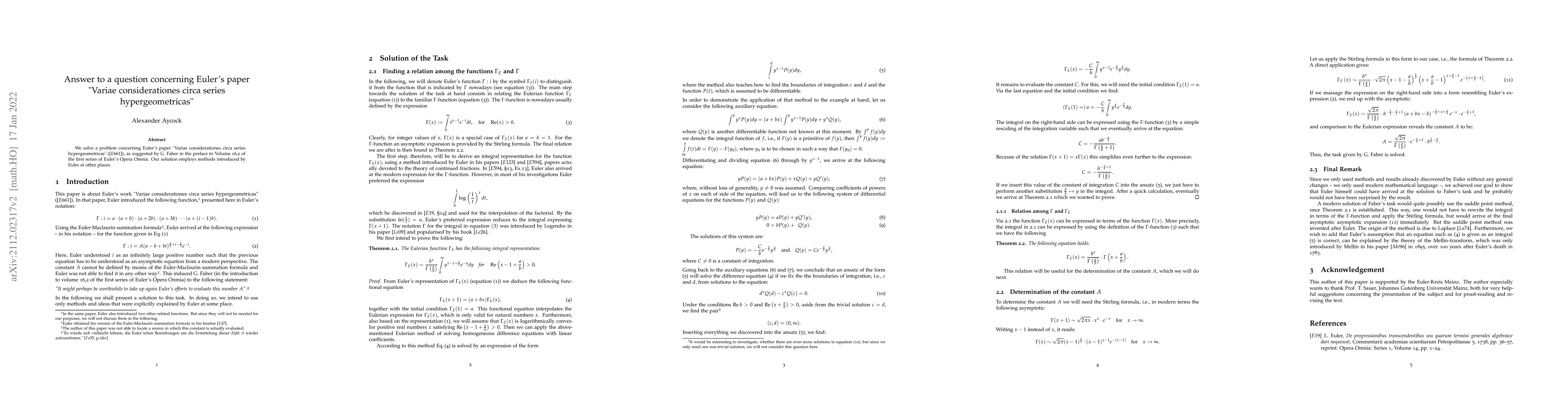 Thumbnail for Answer to a question concerning Euler's paper "Variae considerationes
  circa series hypergeometricas"