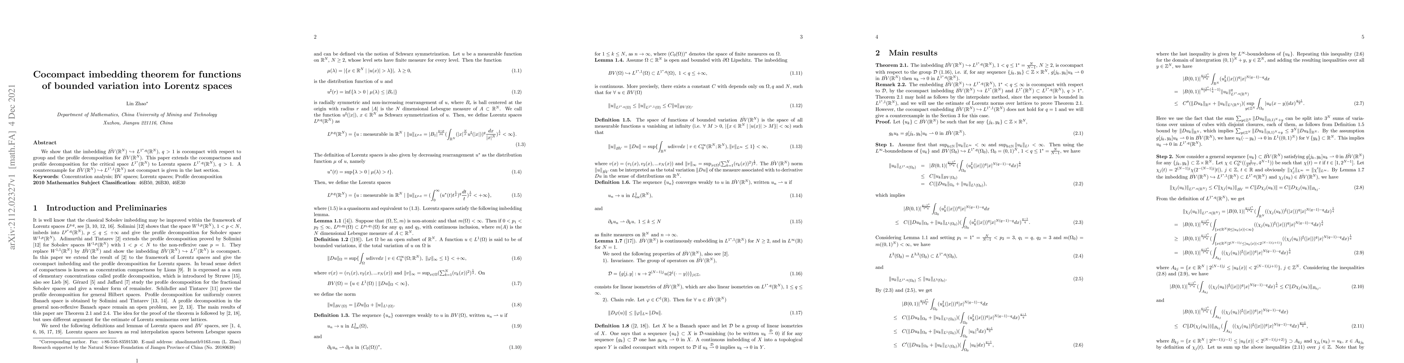 Thumbnail for Cocompact imbedding theorem for functions of bounded variation into
  Lorentz spaces