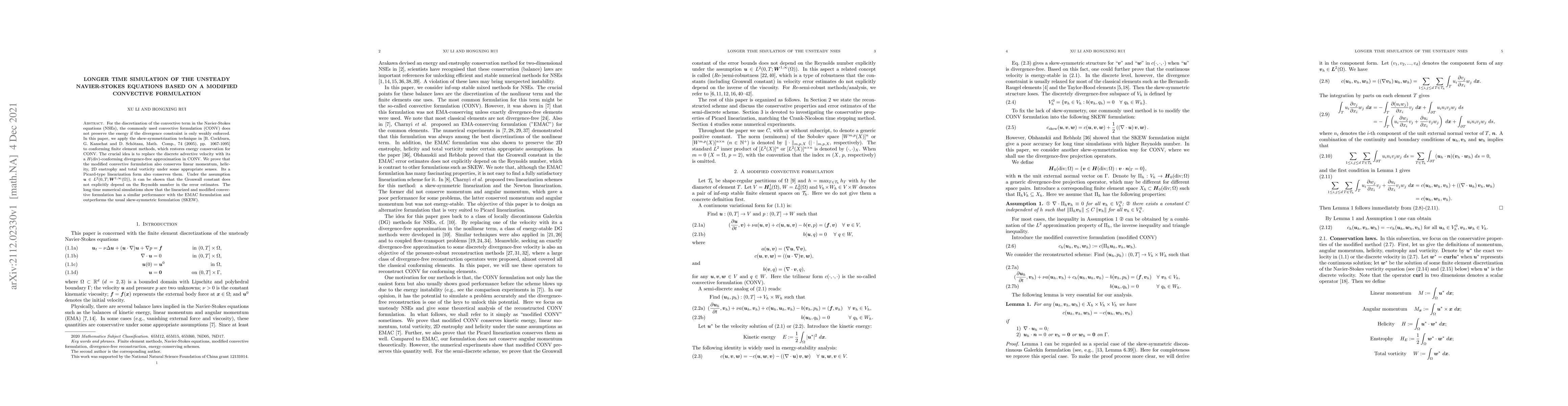 Thumbnail for Longer time simulation of the unsteady Navier-Stokes equations based on
  a modified convective formulation