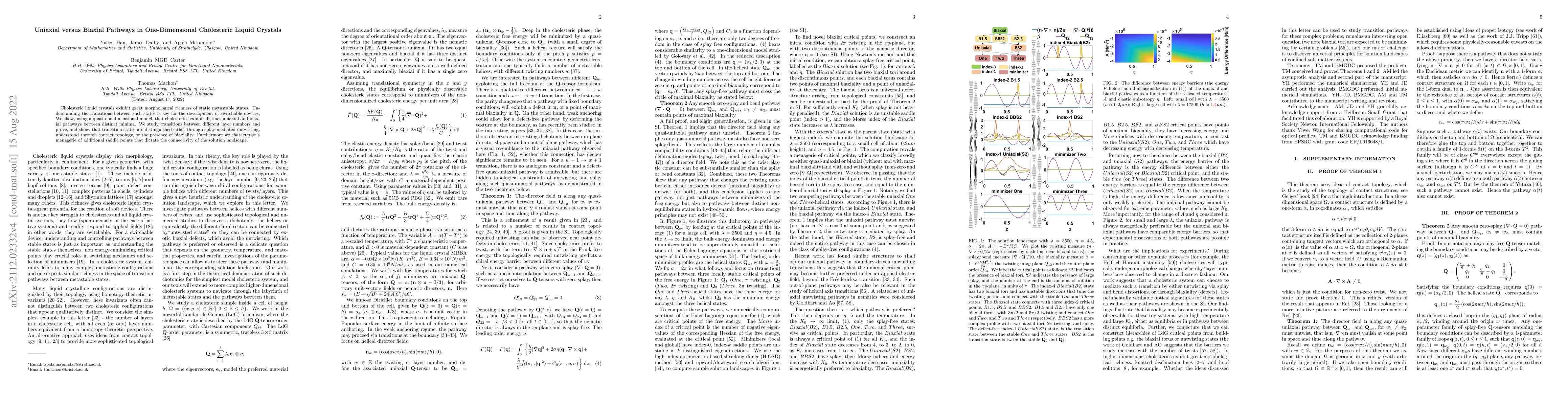 Thumbnail for Uniaxial versus Biaxial Pathways in One-Dimensional Cholesteric Liquid
  Crystals