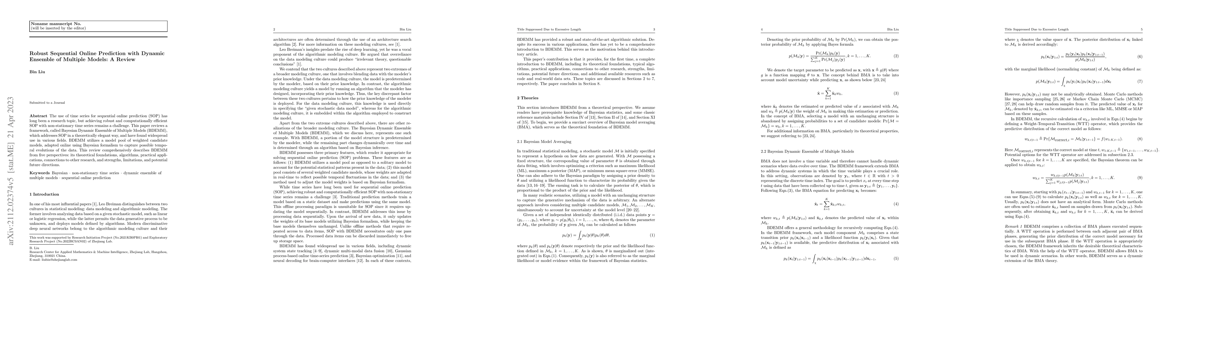 Thumbnail for Robust Sequential Online Prediction with Dynamic Ensemble of Multiple
  Models: A Review