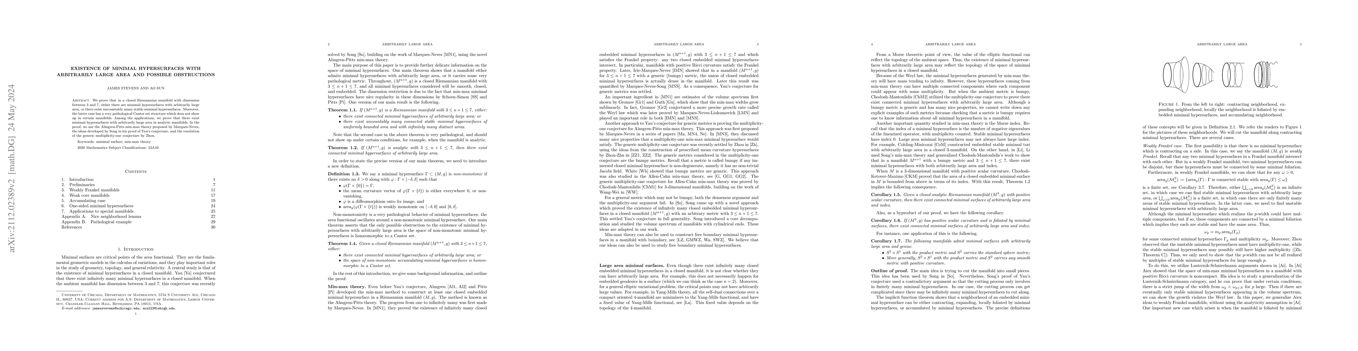 Thumbnail for Existence of minimal hypersurfaces with arbitrarily large area and
  possible obstructions