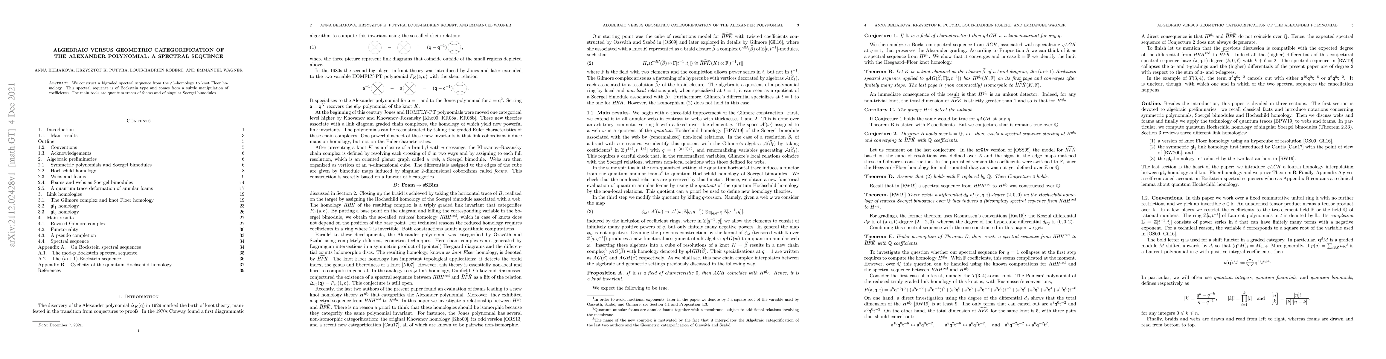 Thumbnail for Algebraic versus geometric categorification of the~Alexander polynomial:
  a~spectral sequence
