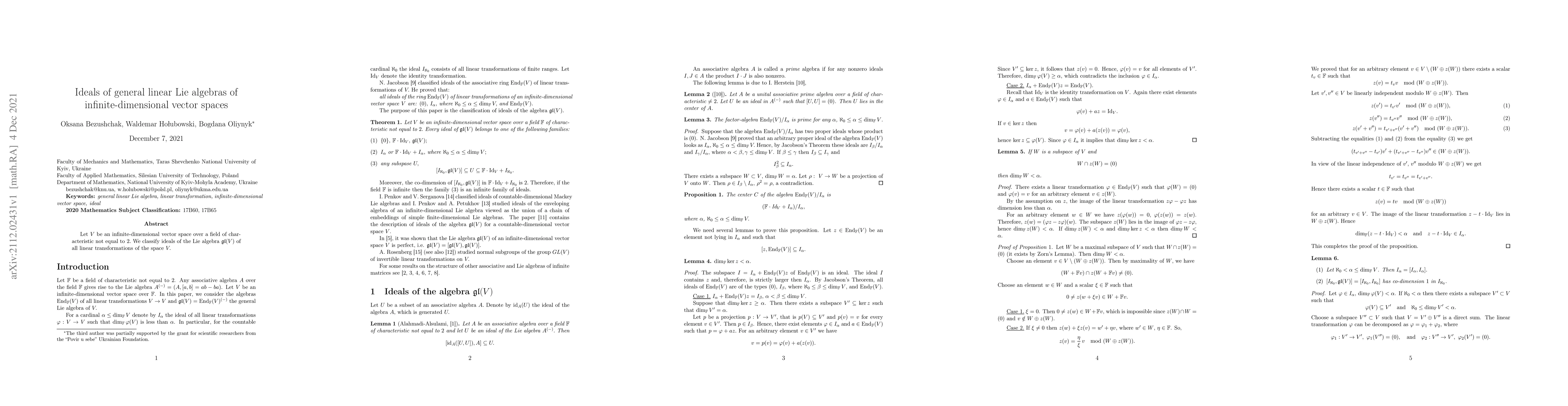 Thumbnail for Ideals of general linear Lie algebras of infinite-dimensional vector
  spaces