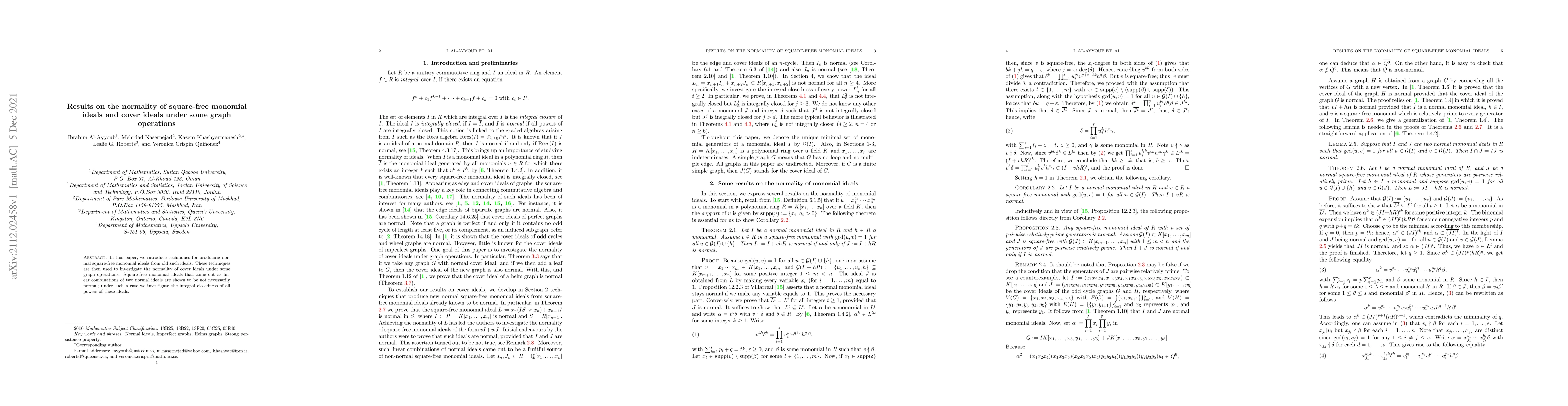 Thumbnail for Results on the normality of square-free monomial ideals and cover ideals
  under some graph operations