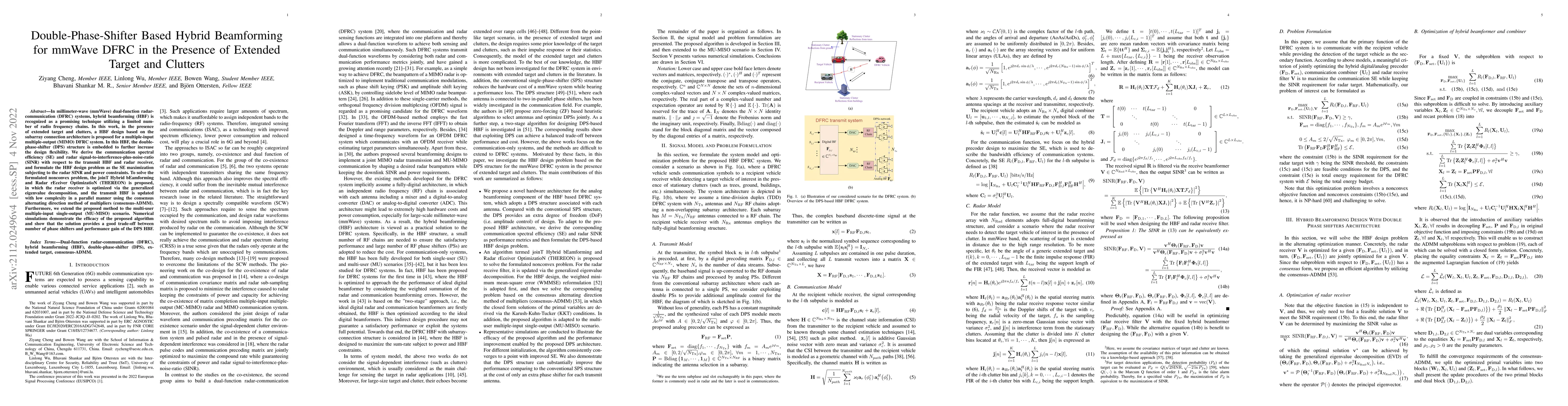 Thumbnail for Double-Phase-Shifter based Hybrid Beamforming for mmWave DFRC in the
  Presence of Extended Target and Clutters