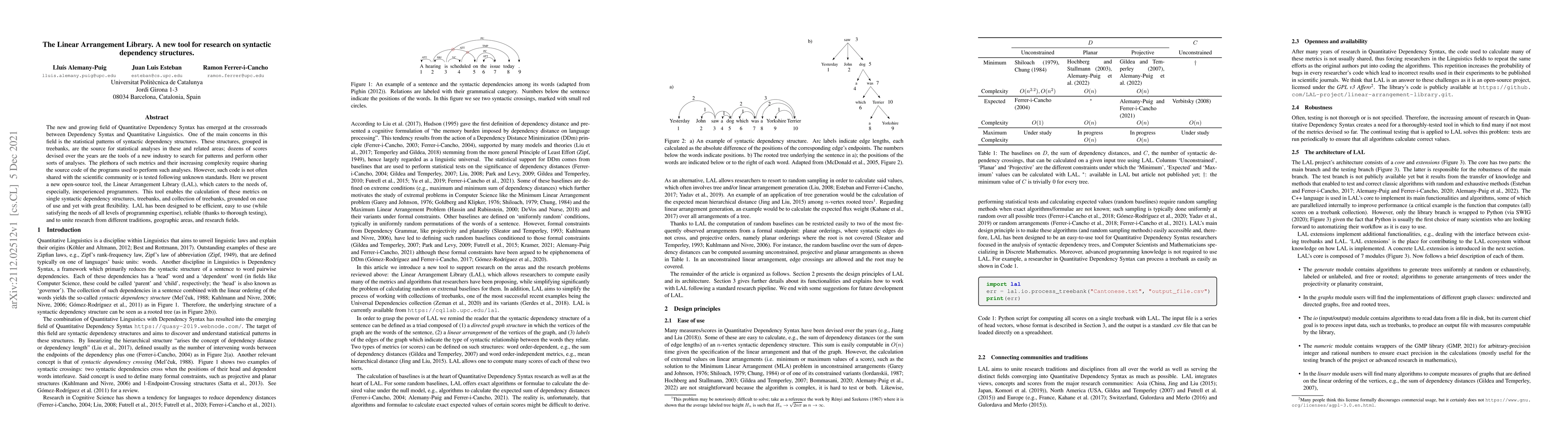 Thumbnail for The Linear Arrangement Library. A new tool for research on syntactic
  dependency structures