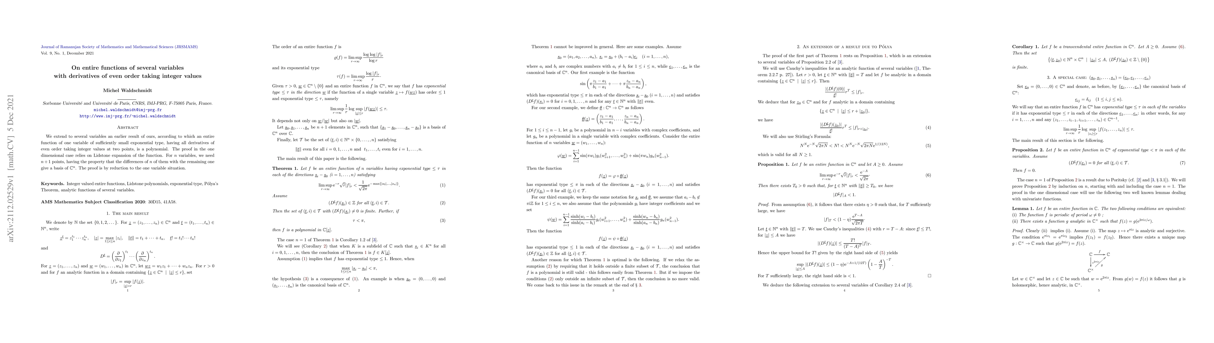 Thumbnail for On entire functions of several variables with derivatives of even order
  taking integer values
