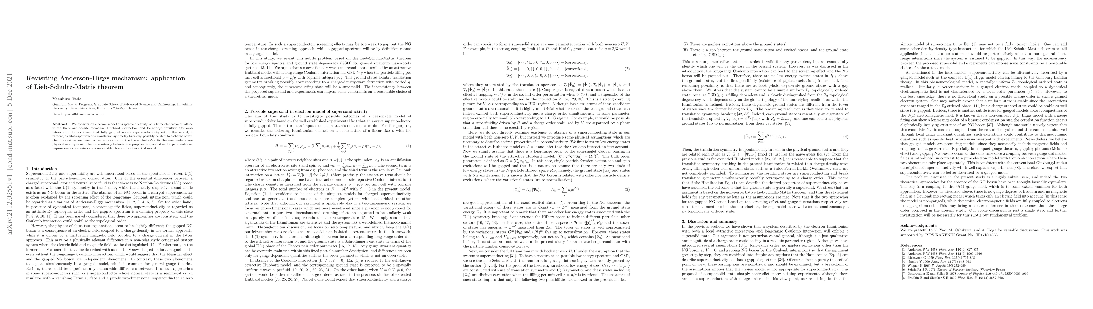 Thumbnail for Revisiting Anderson-Higgs mechanism: application of Lieb-Schultz-Mattis
  theorem