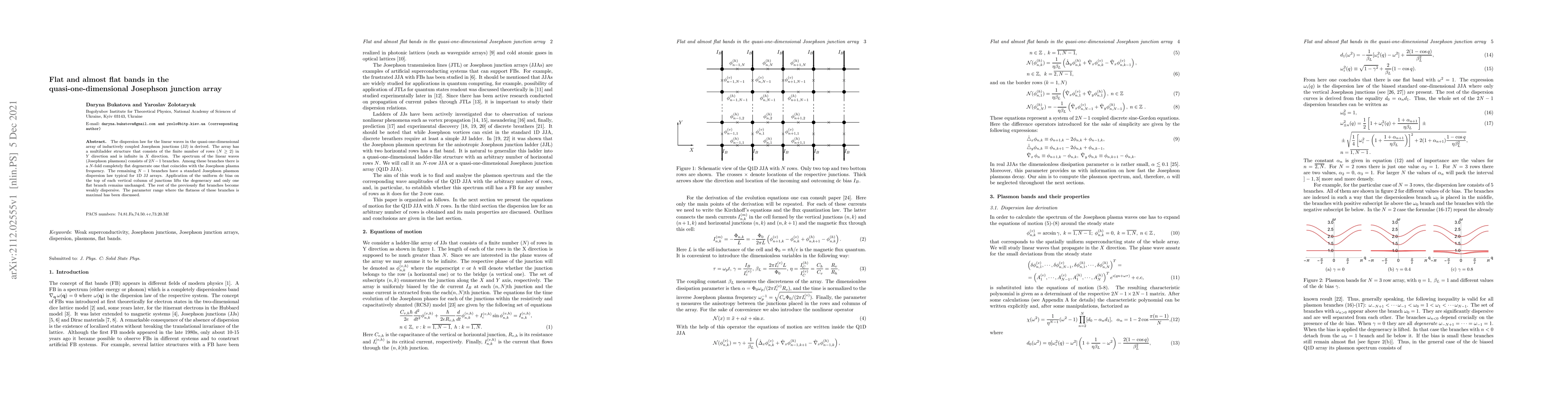 Thumbnail for Flat and almost flat bands in the quasi-one-dimensional Josephson
  junction array