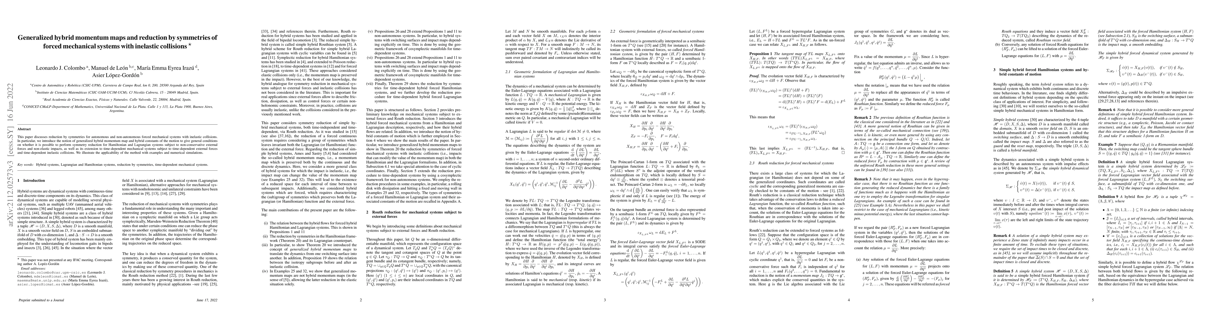 Thumbnail for Generalized hybrid momentum maps and reduction by symmetries of forced
  mechanical systems with inelastic collisions