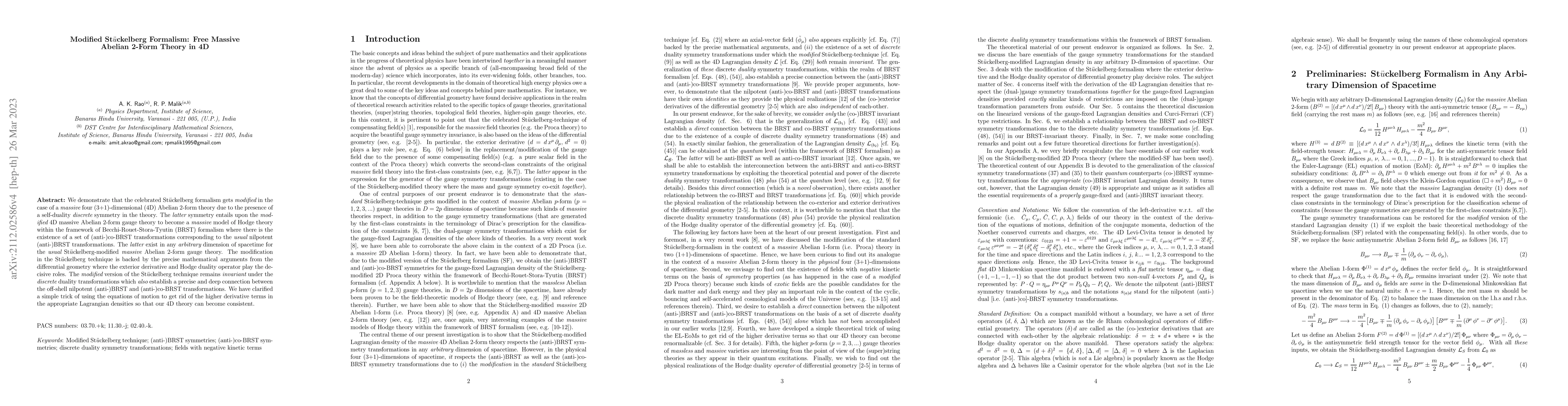 Thumbnail for Modified St$\ddot u$ckelberg Formalism: Free Massive Abelian 2-Form
  Theory in 4D