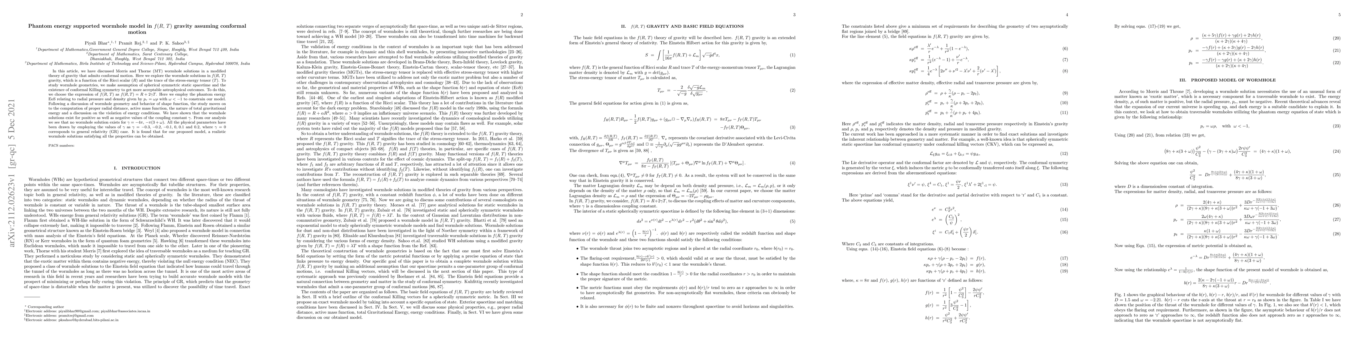 Thumbnail for Phantom energy supported wormhole model in $f(R,\,T)$ gravity assuming
  conformal motion
