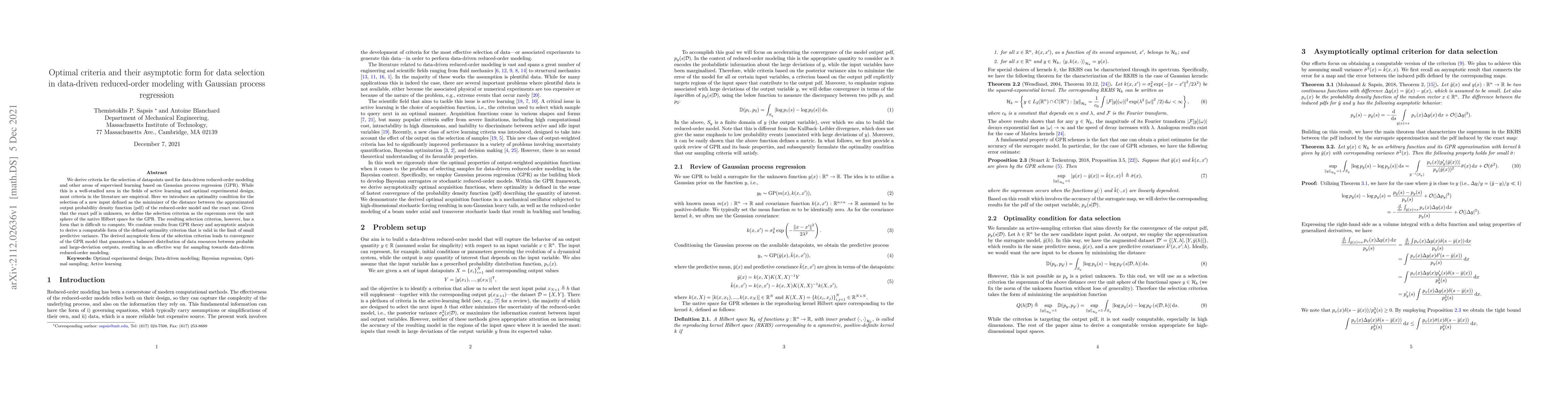 Thumbnail for Optimal criteria and their asymptotic form for data selection in
  data-driven reduced-order modeling with Gaussian process regression
