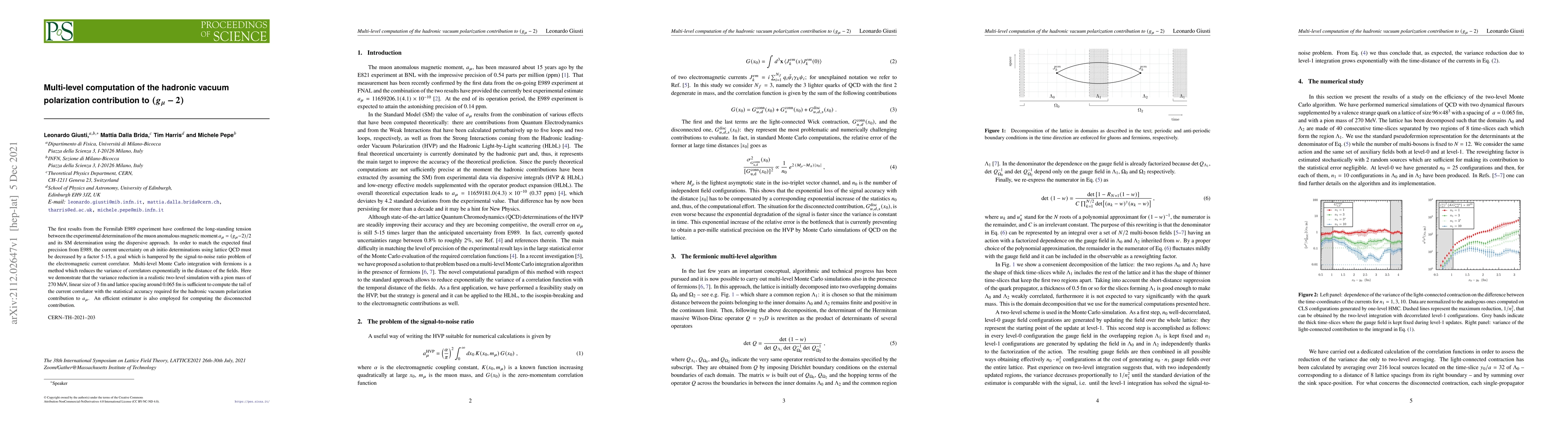 Thumbnail for Multi-level computation of the hadronic vacuum polarization contribution
  to $(g_\mu-2)$