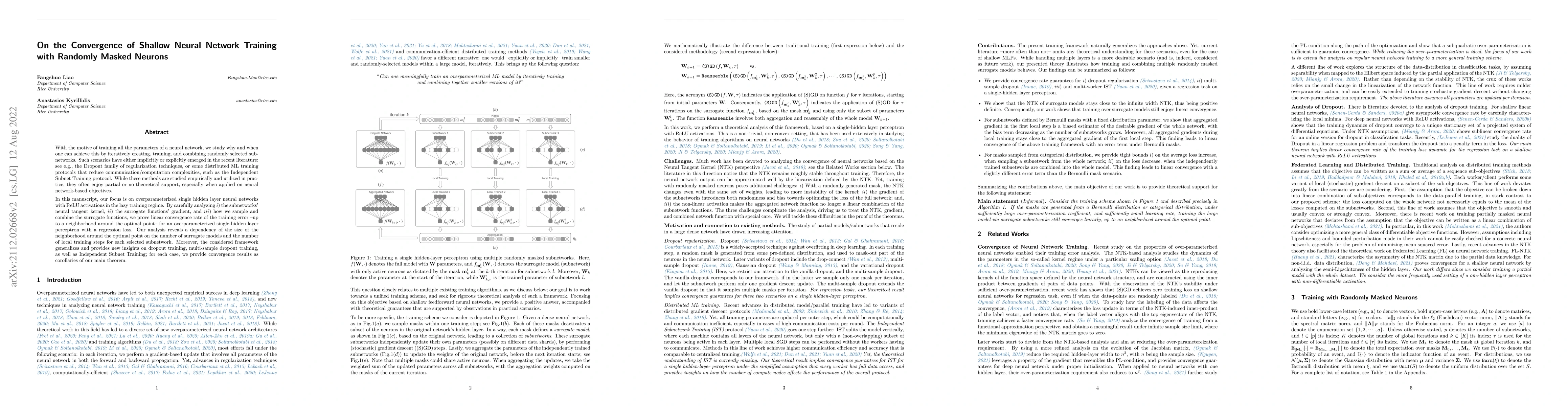 Thumbnail for On the Convergence of Shallow Neural Network Training with Randomly
  Masked Neurons
