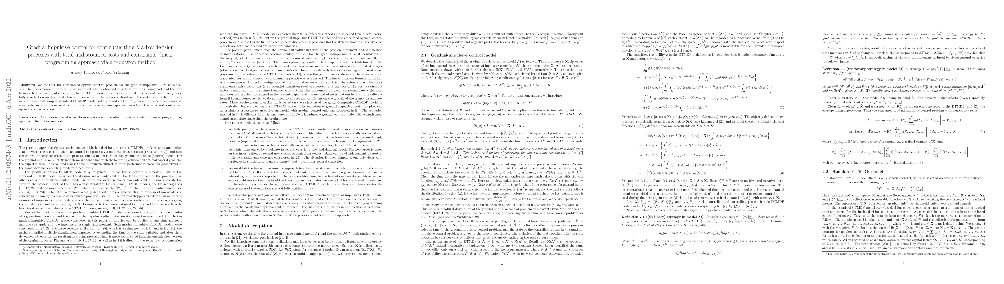 Thumbnail for Gradual-impulsive control for continuous-time Markov decision processes
  with total undiscounted costs and constraints: linear programming approach
  via a reduction method