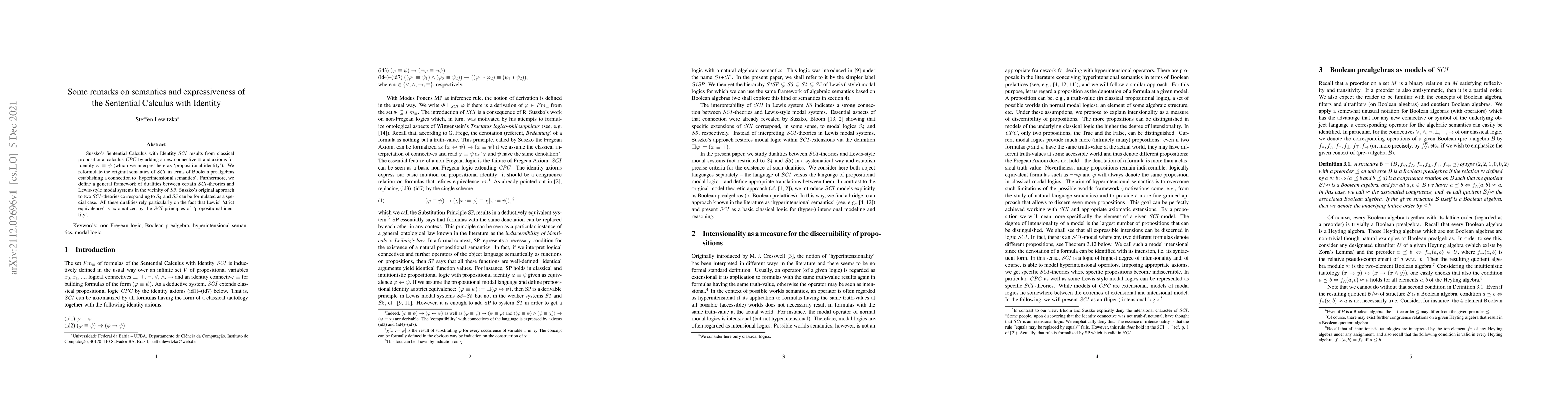 Thumbnail for Some remarks on semantics and expressiveness of the Sentential Calculus
  with Identity