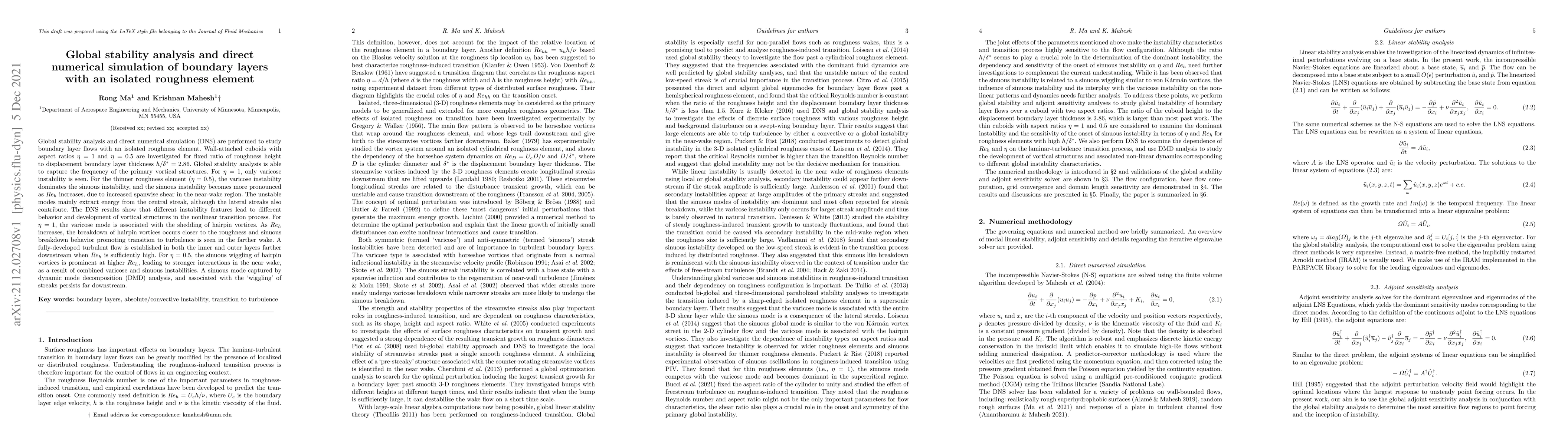 Thumbnail for Global stability analysis and direct numerical simulation of boundary
  layers with an isolated roughness element