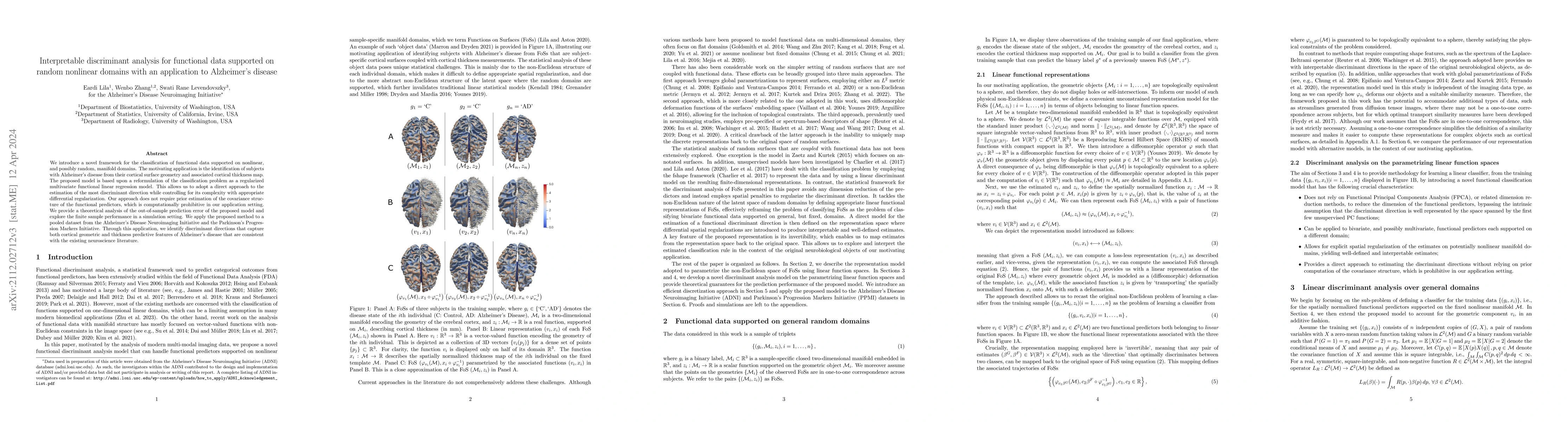 Thumbnail for Interpretable discriminant analysis for functional data supported on
  random nonlinear domains with an application to Alzheimer's disease