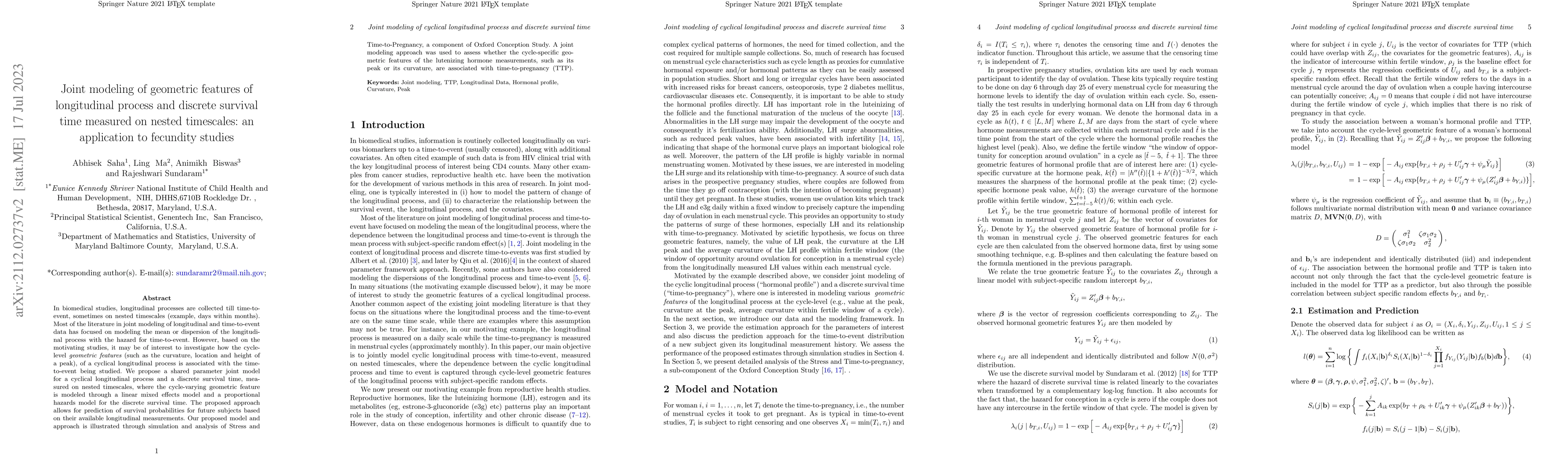 Thumbnail for Joint modeling of geometric features of longitudinal process and
  discrete survival time measured on nested timescales: an application to
  fecundity studies