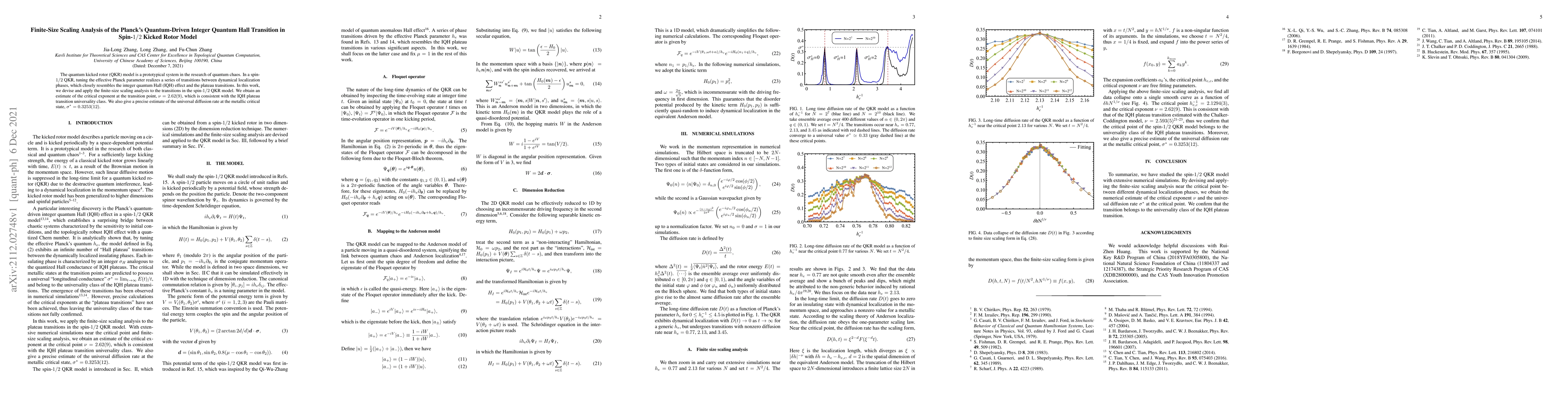 Thumbnail for Finite-Size Scaling Analysis of the Planck's Quantum-Driven Integer
  Quantum Hall Transition in Spin-$1/2$ Kicked Rotor Model