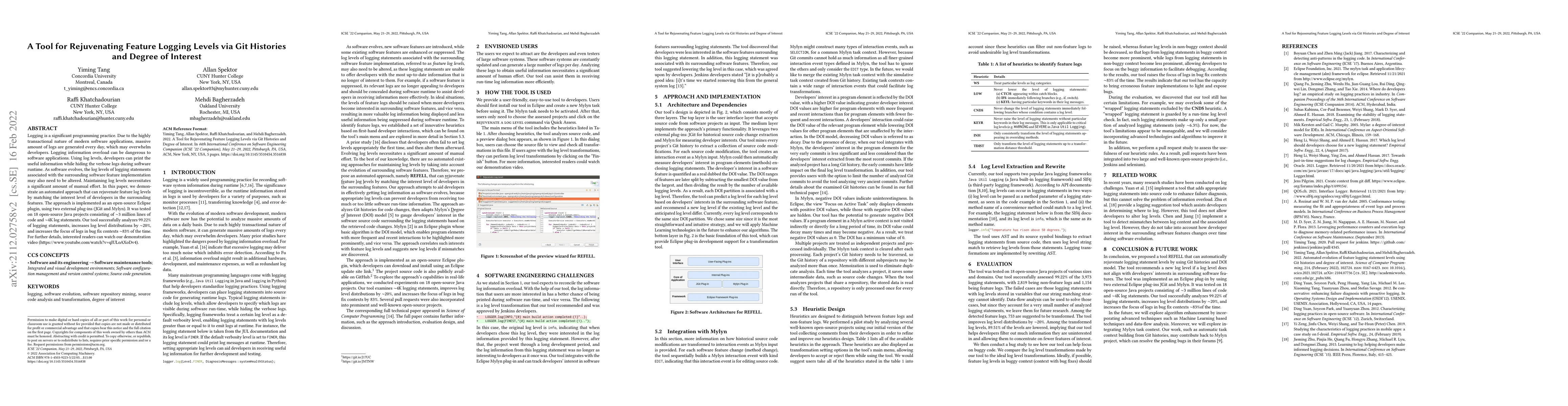 Thumbnail for A Tool for Rejuvenating Feature Logging Levels via Git Histories and
  Degree of Interest