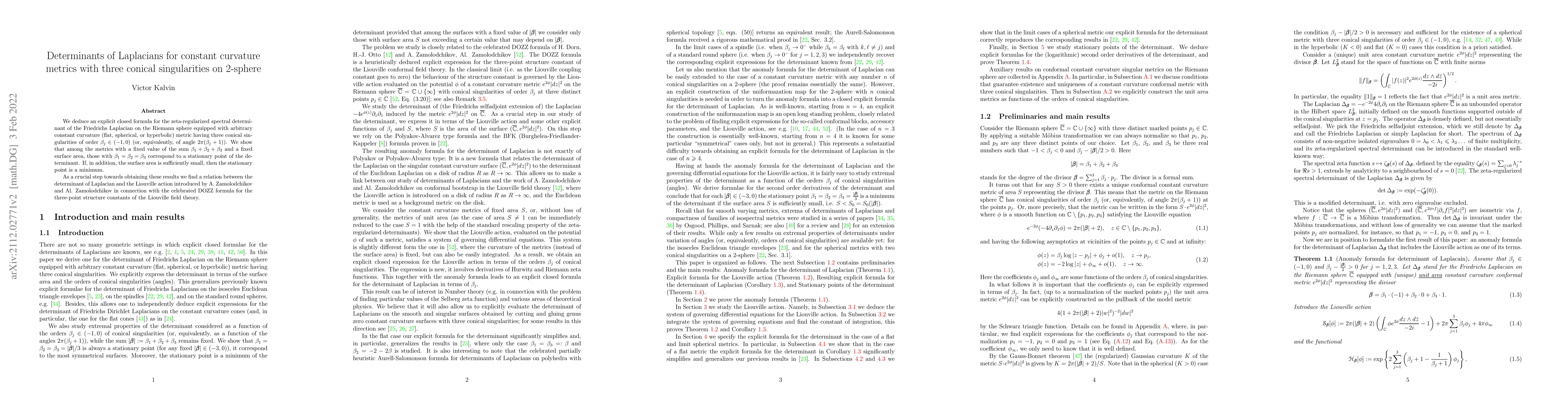 Thumbnail for Determinants of Laplacians for constant curvature metrics with three
  conical singularities on 2-sphere