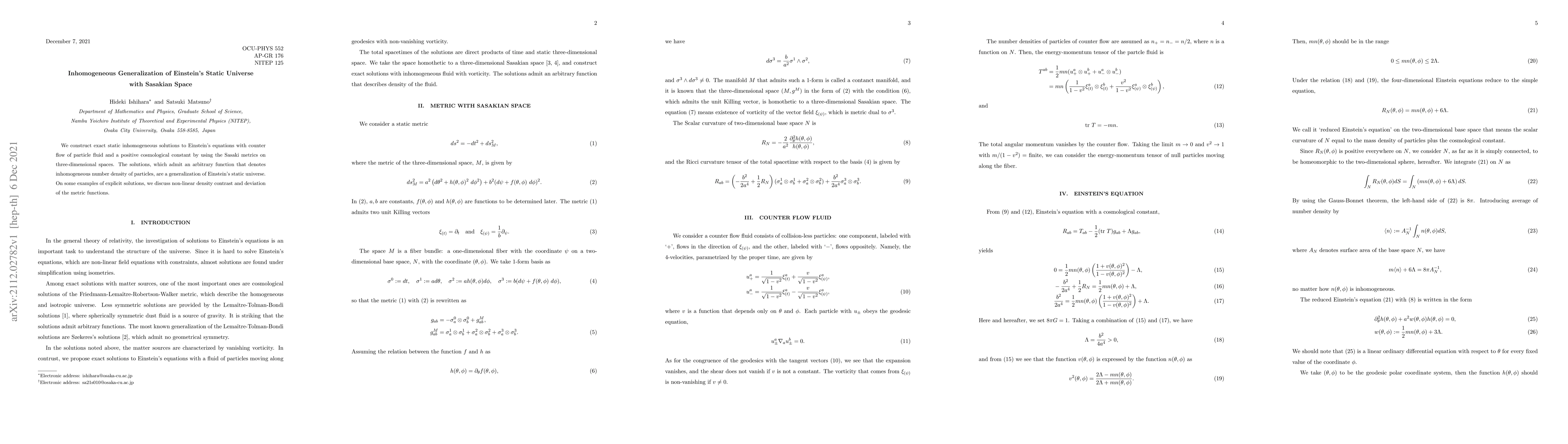 Thumbnail for Inhomogeneous Generalization of Einstein's Static Universe with Sasakian
  Space