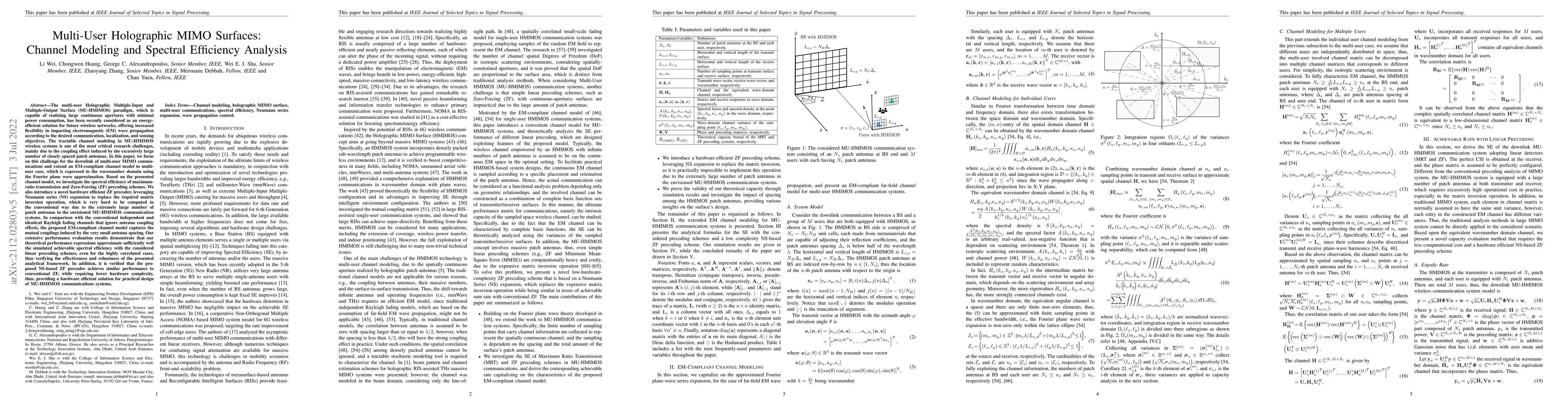 Thumbnail for Multi-User Holographic MIMO Surfaces: Channel Modeling and Spectral
  Efficiency Analysis