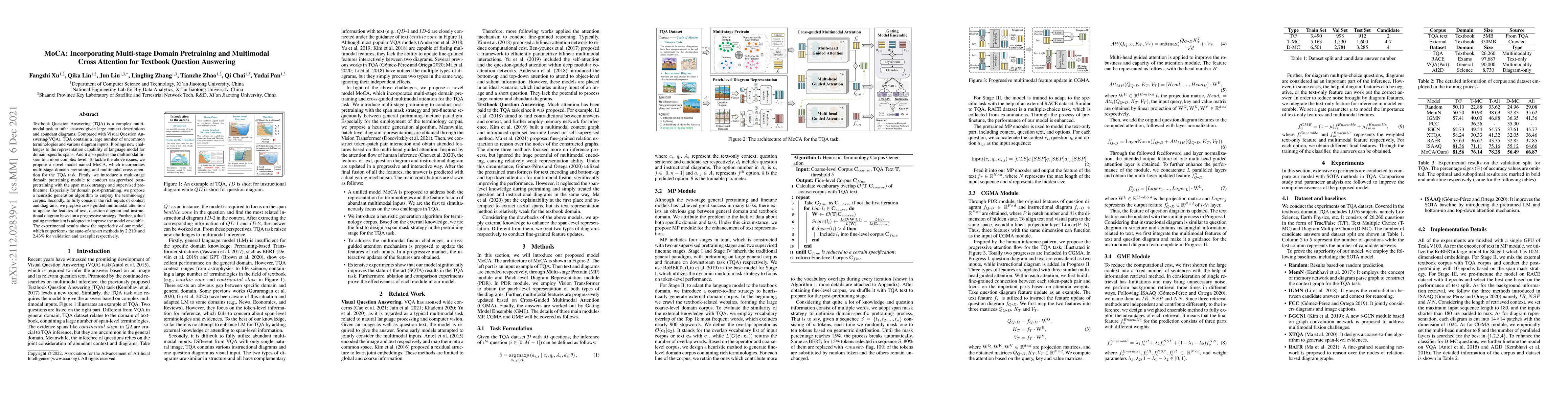 Thumbnail for MoCA: Incorporating Multi-stage Domain Pretraining and Cross-guided
  Multimodal Attention for Textbook Question Answering