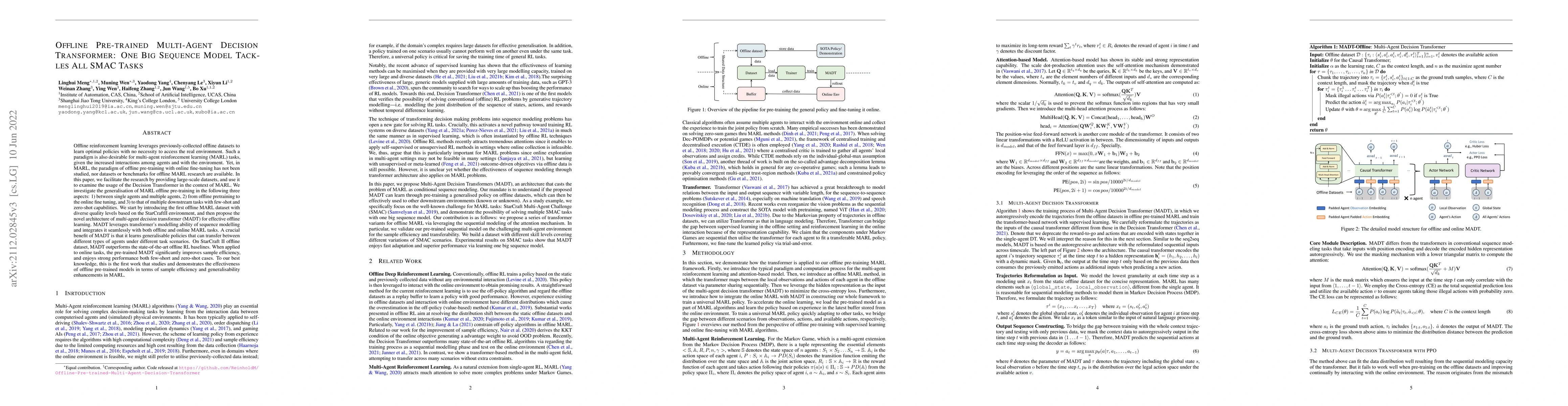 Thumbnail for Offline Pre-trained Multi-Agent Decision Transformer: One Big Sequence
  Model Tackles All SMAC Tasks