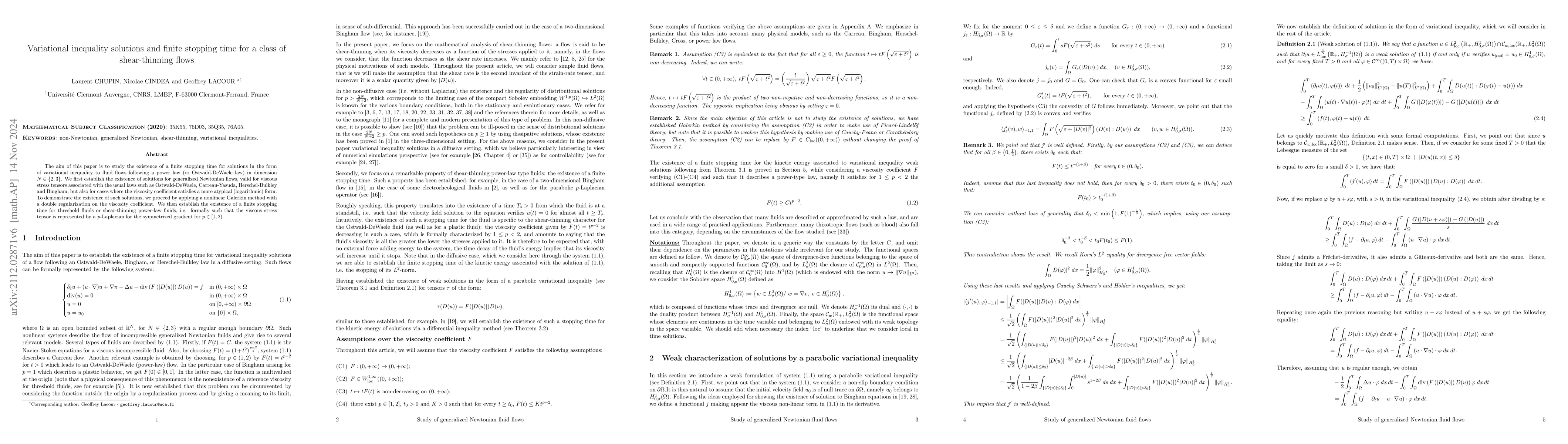 Thumbnail for Variational inequality solutions and finite stopping time for a class of
  shear-thinning flows