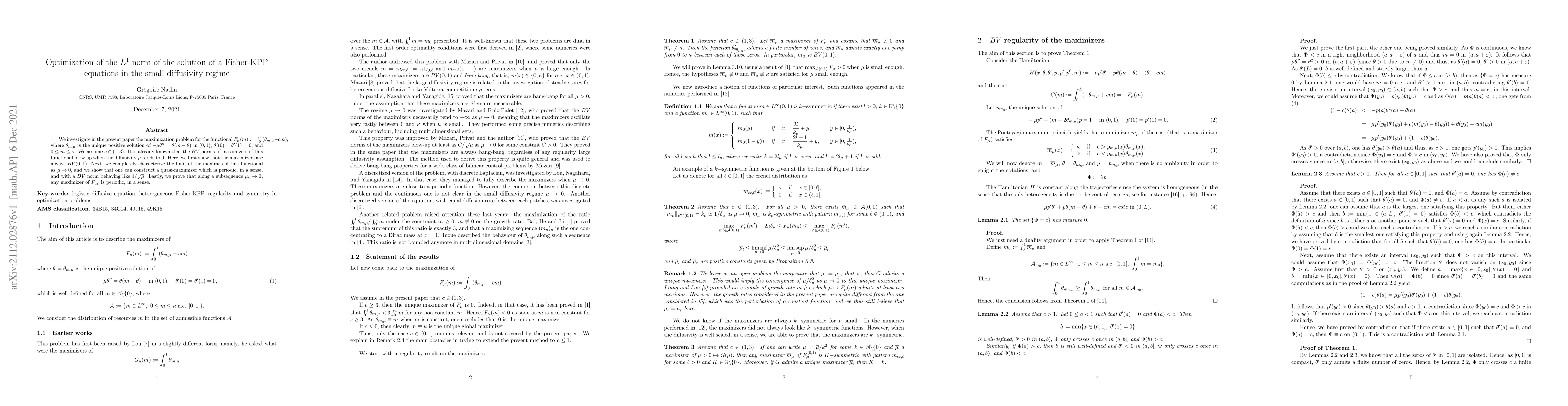 Thumbnail for Optimization of the L1 norm of the solution of a Fisher-KPP equations in
  the small diffusivity regime