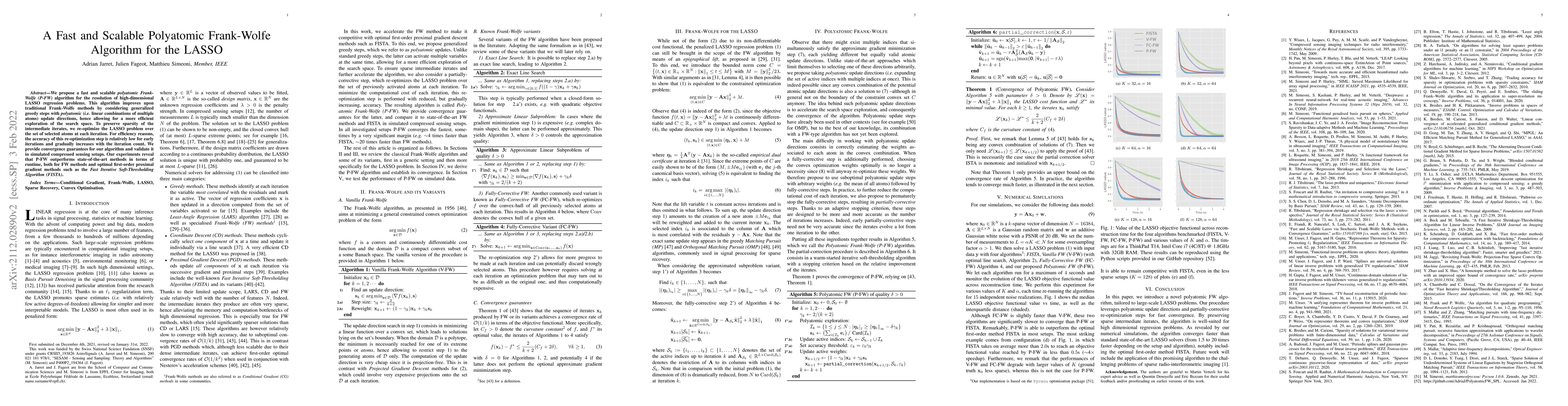 Thumbnail for A Fast and Scalable Polyatomic Frank-Wolfe Algorithm for the LASSO