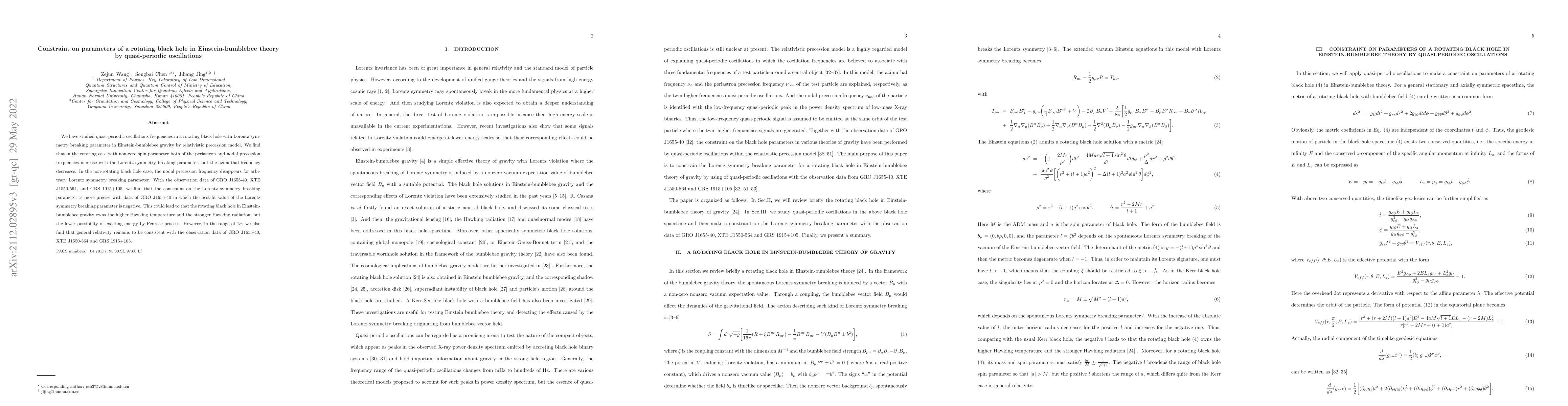 Thumbnail for Constraint on parameters of a rotating black hole in Einstein-bumblebee
  theory by quasi-periodic oscillations