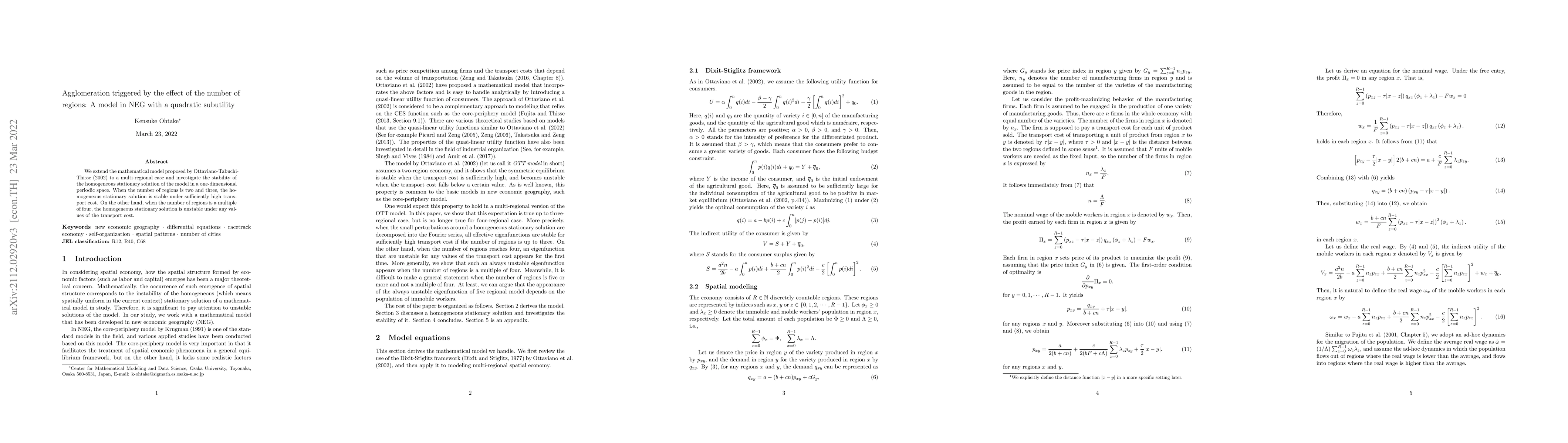 Thumbnail for Agglomeration triggered by the effect of the number of regions: A model
  in NEG with a quadratic subutility