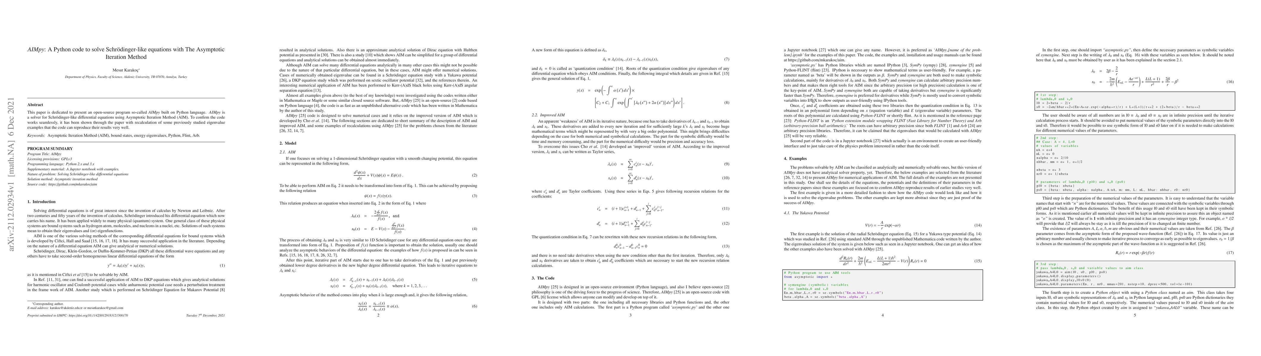 Thumbnail for AIMpy: A Python code to solve Schr\"odinger-like equations with the
  asymptotic iteration method