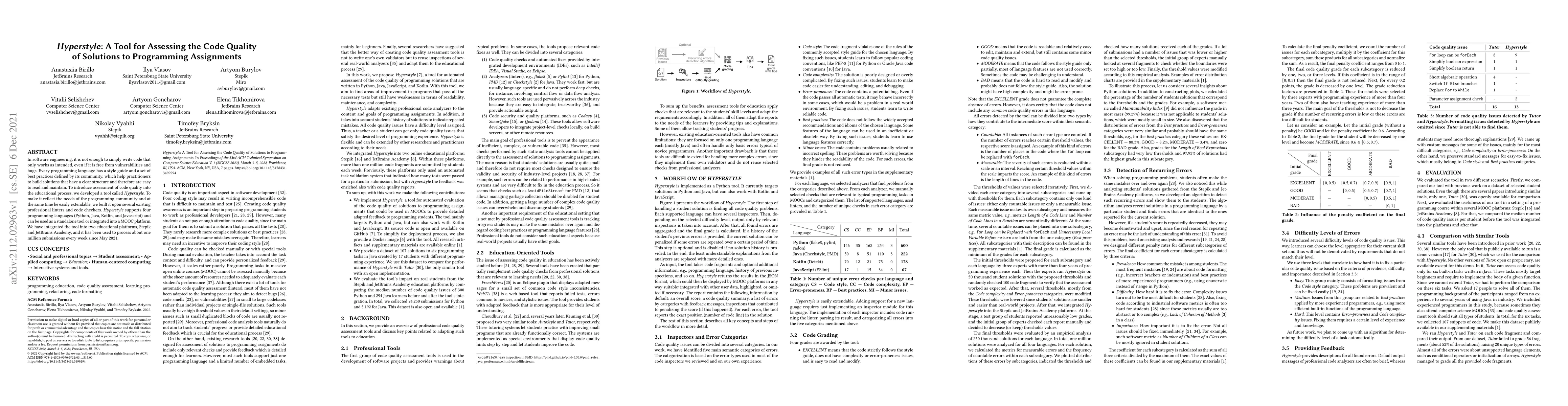 Thumbnail for Hyperstyle: A Tool for Assessing the Code Quality of Solutions to
  Programming Assignments