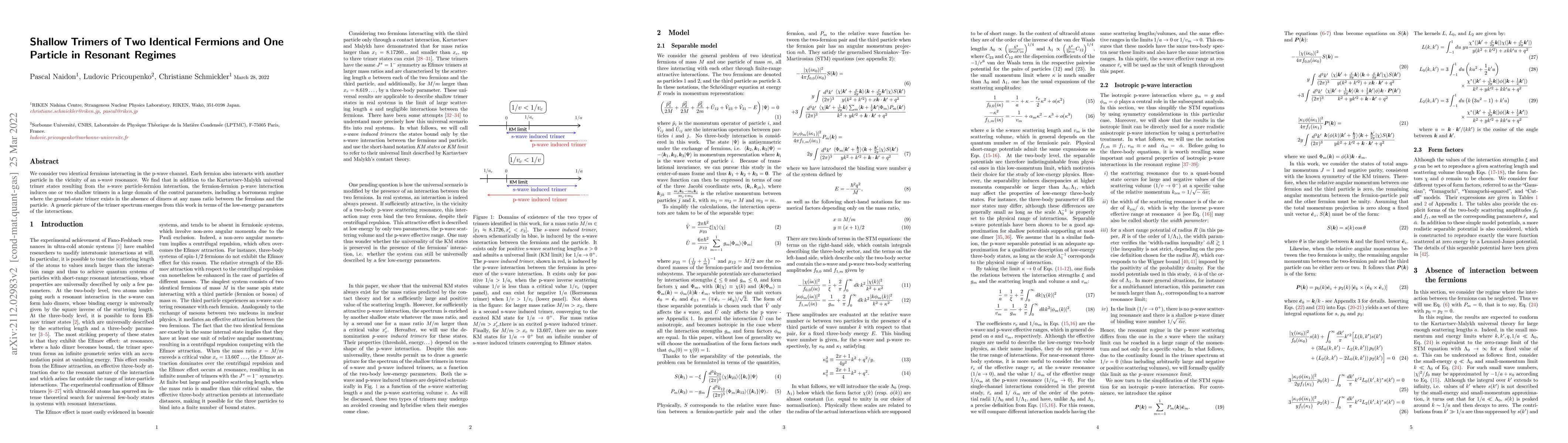 Thumbnail for Shallow Trimers of Two Identical Fermions and One Particle in Resonant
  Regimes