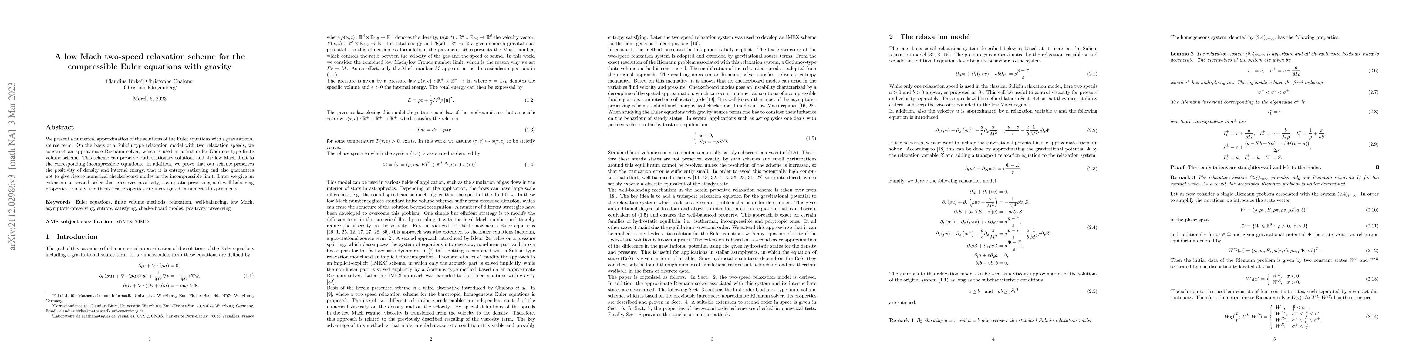 Thumbnail for A low Mach two-speed relaxation scheme for the compressible Euler
  equations with gravity