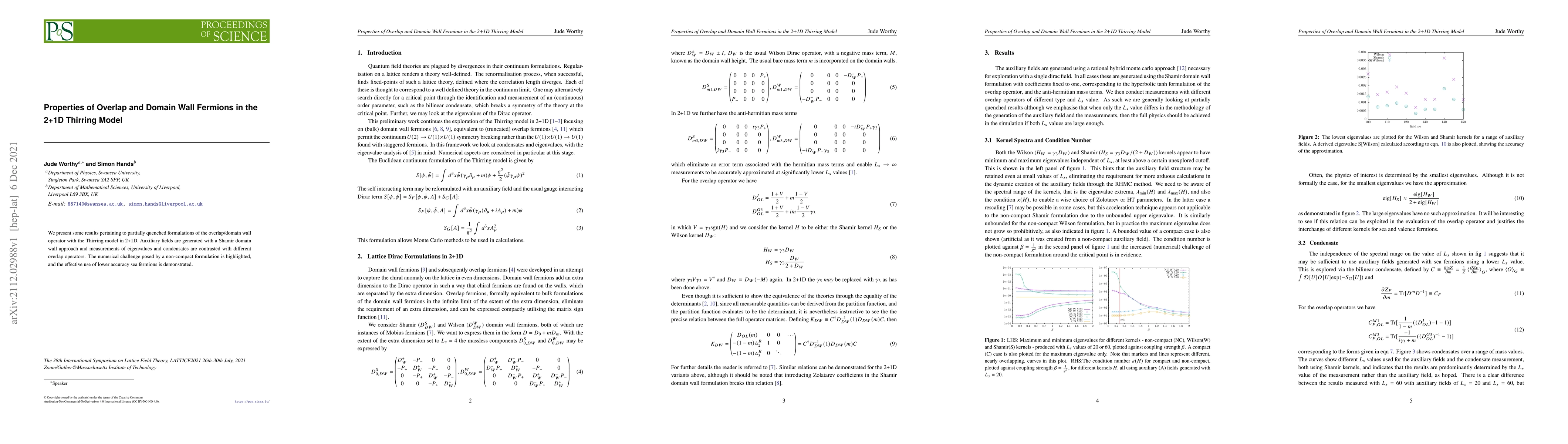 Thumbnail for Properties of Overlap and Domain Wall Fermions in the 2+1D Thirring
  Model
