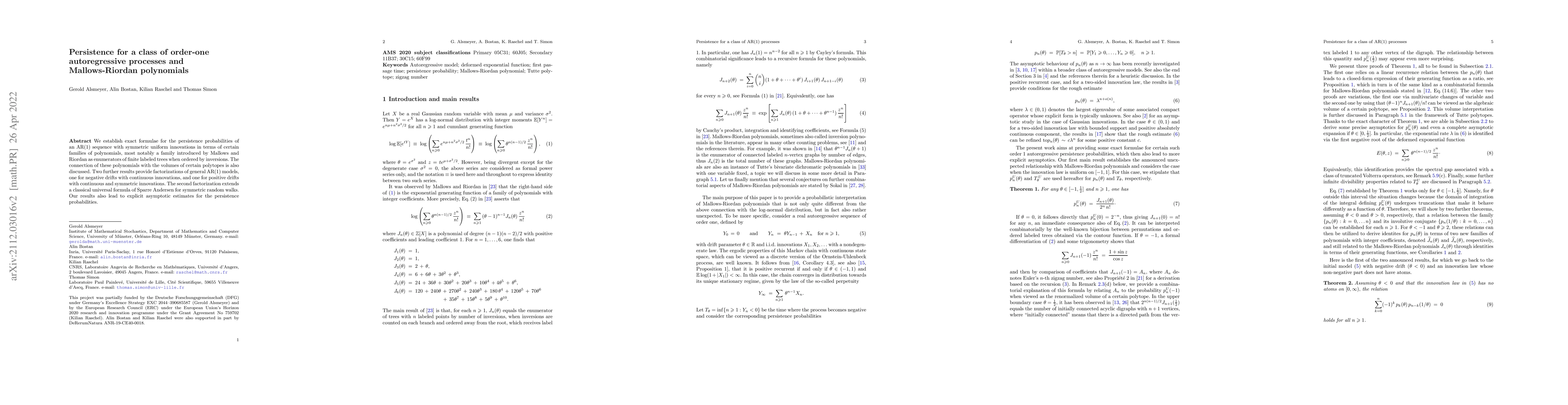 Thumbnail for Persistence for a class of order-one autoregressive processes and
  Mallows-Riordan polynomials
