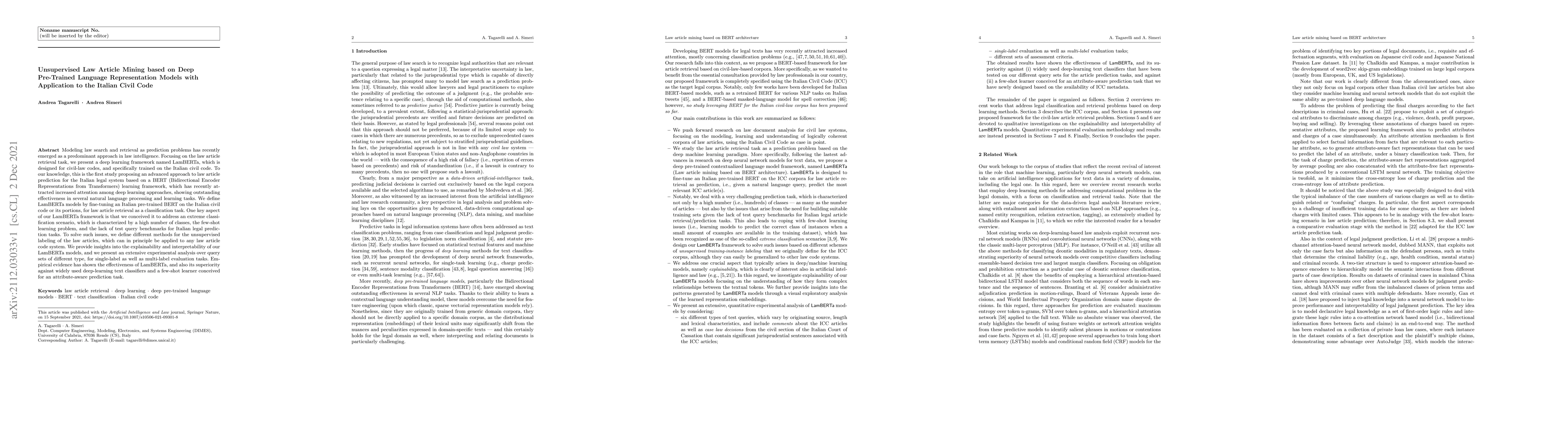 Thumbnail for Unsupervised Law Article Mining based on Deep Pre-Trained Language
  Representation Models with Application to the Italian Civil Code